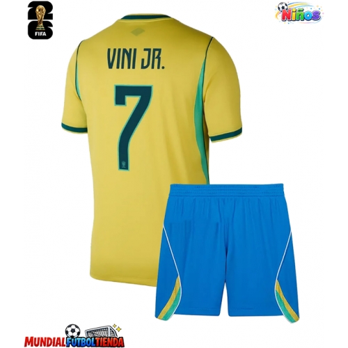 Camiseta Brasil Vinicius Junior #7 Primera Equipación Replica Mundial 2026 para niños mangas cortas (+ Pantalones cortos)
